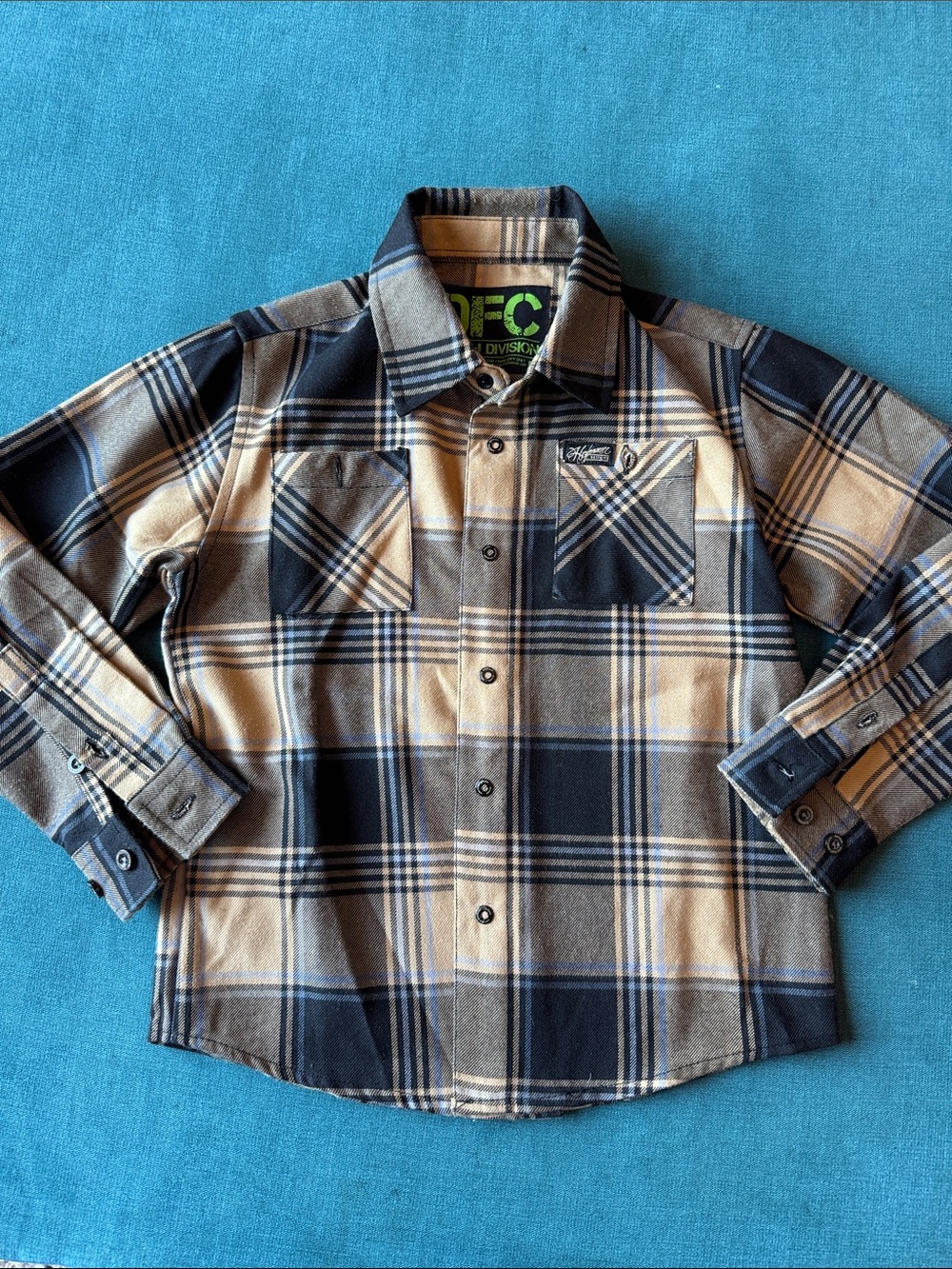 Dixxon Youth Flannel Shirt - Beige & Black with Light Blue details.